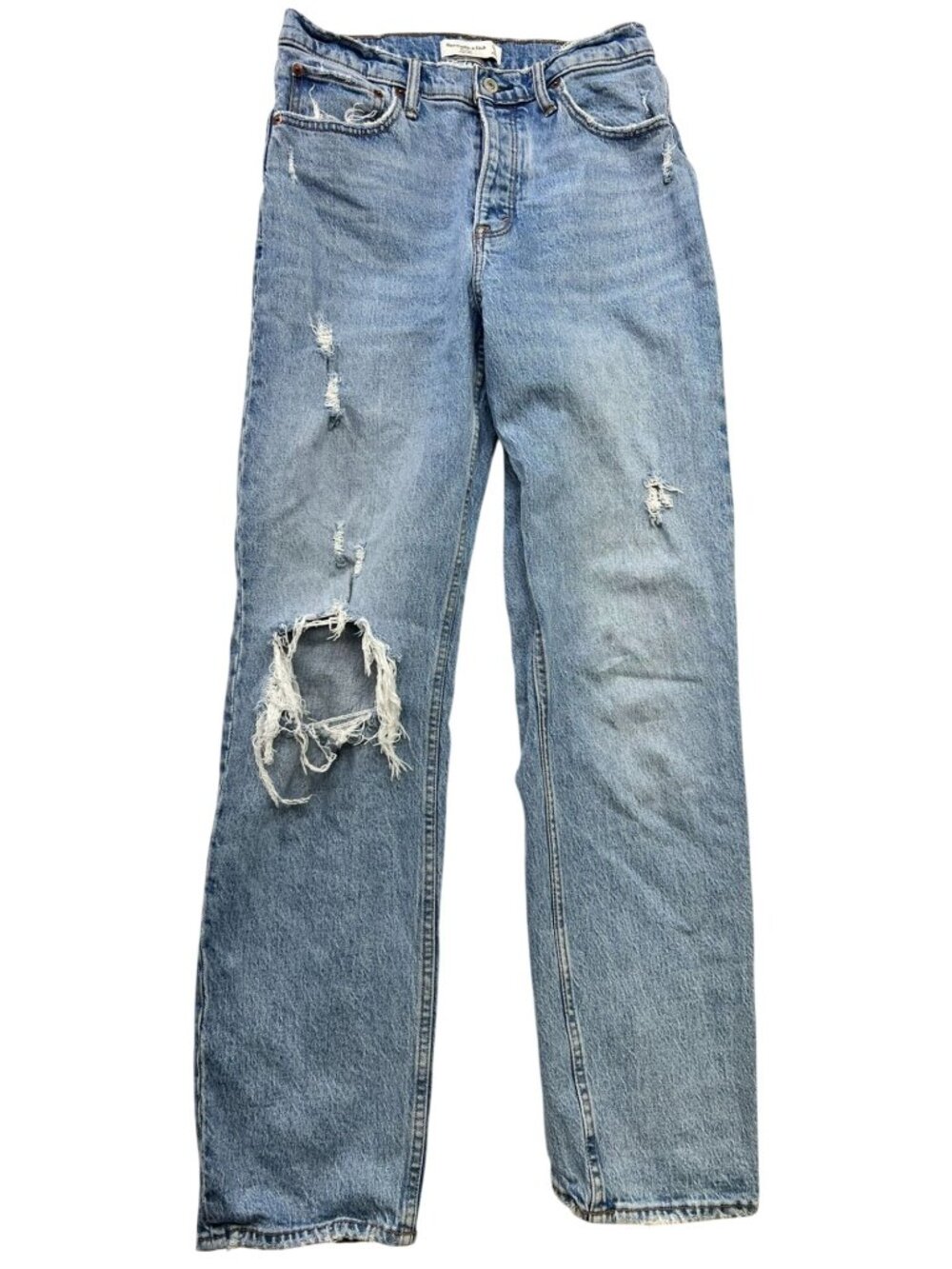 Abercrombie & Fitch Women The Dad High Rise Distressed Jeans Denim Sz 27/4L Blue - Picture 1 of 15